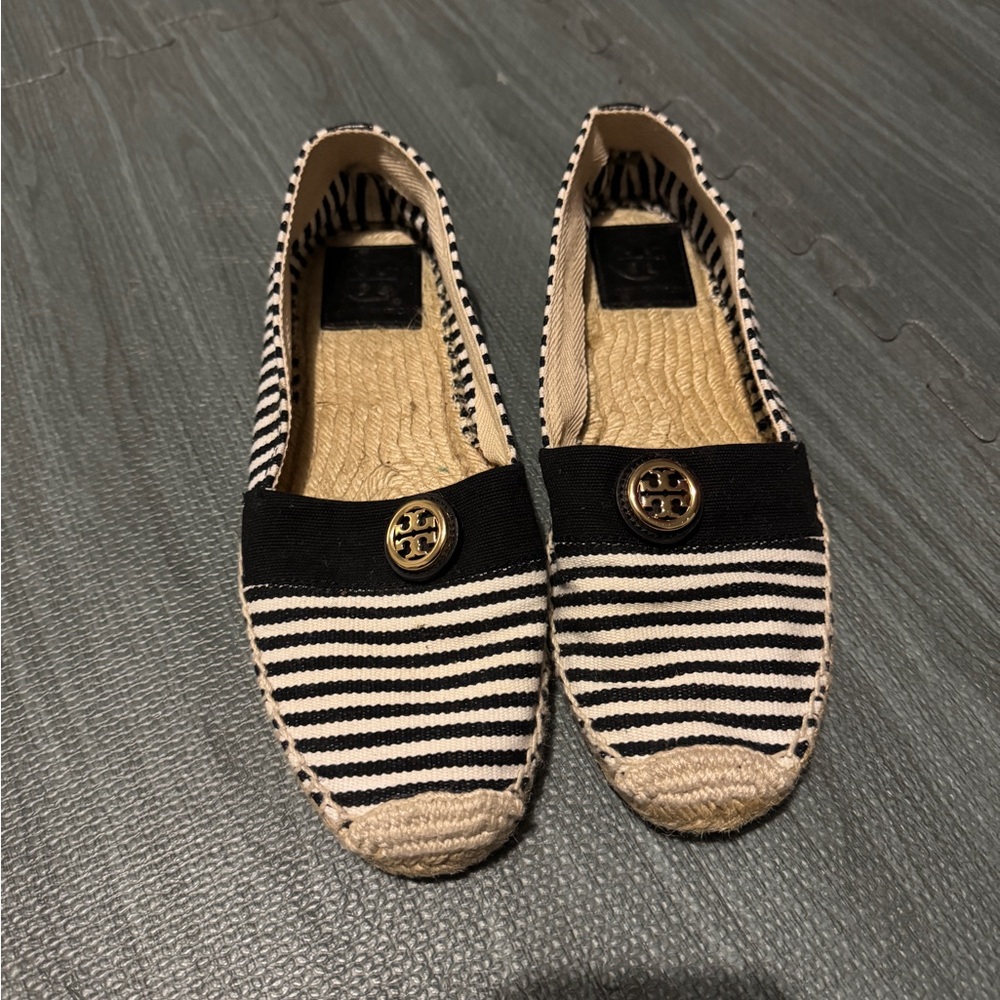 Tory Burch Navy and Cream Espadrille Flats with Nautical Stripes